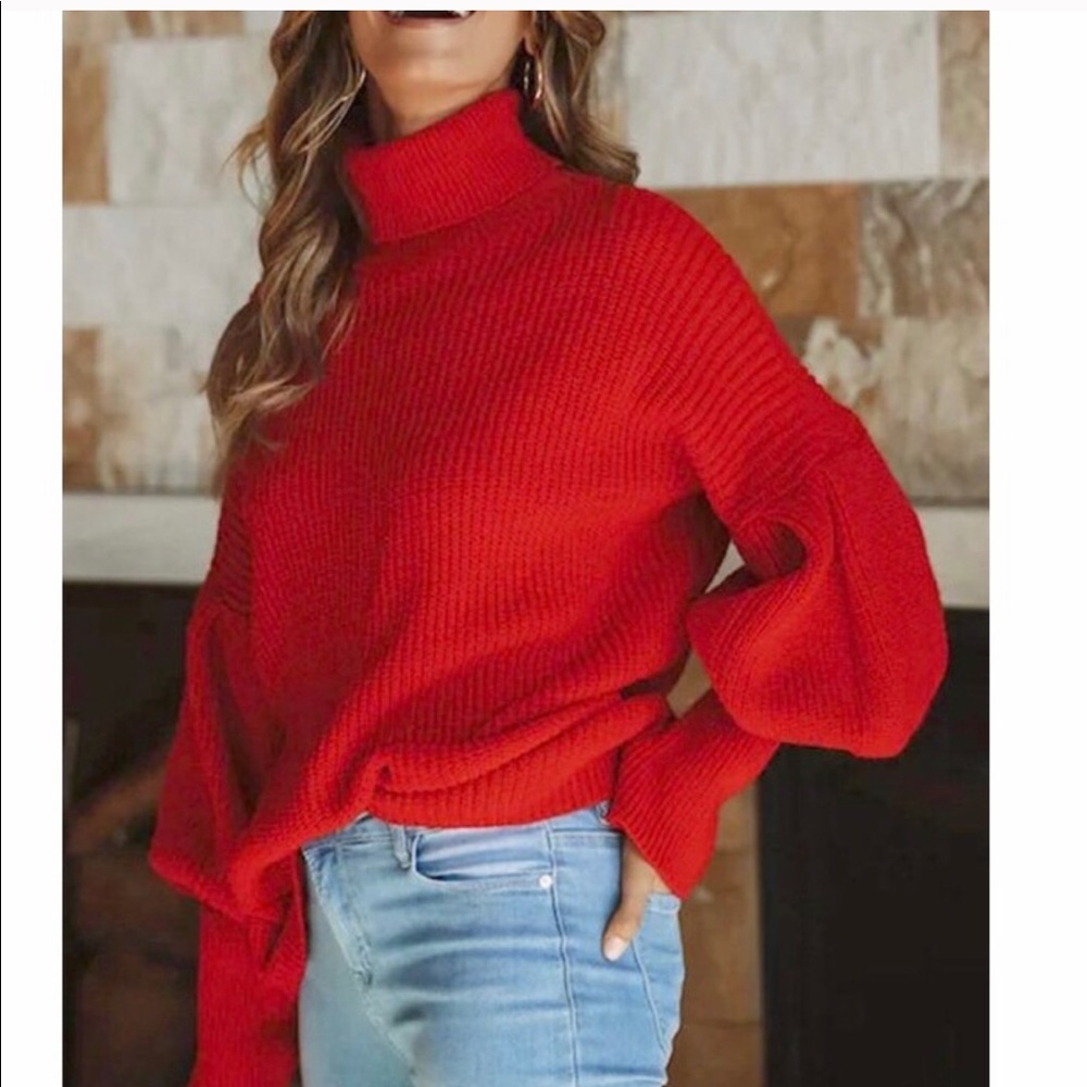 Top shop NWT red turtleneck sweater puff sleeves